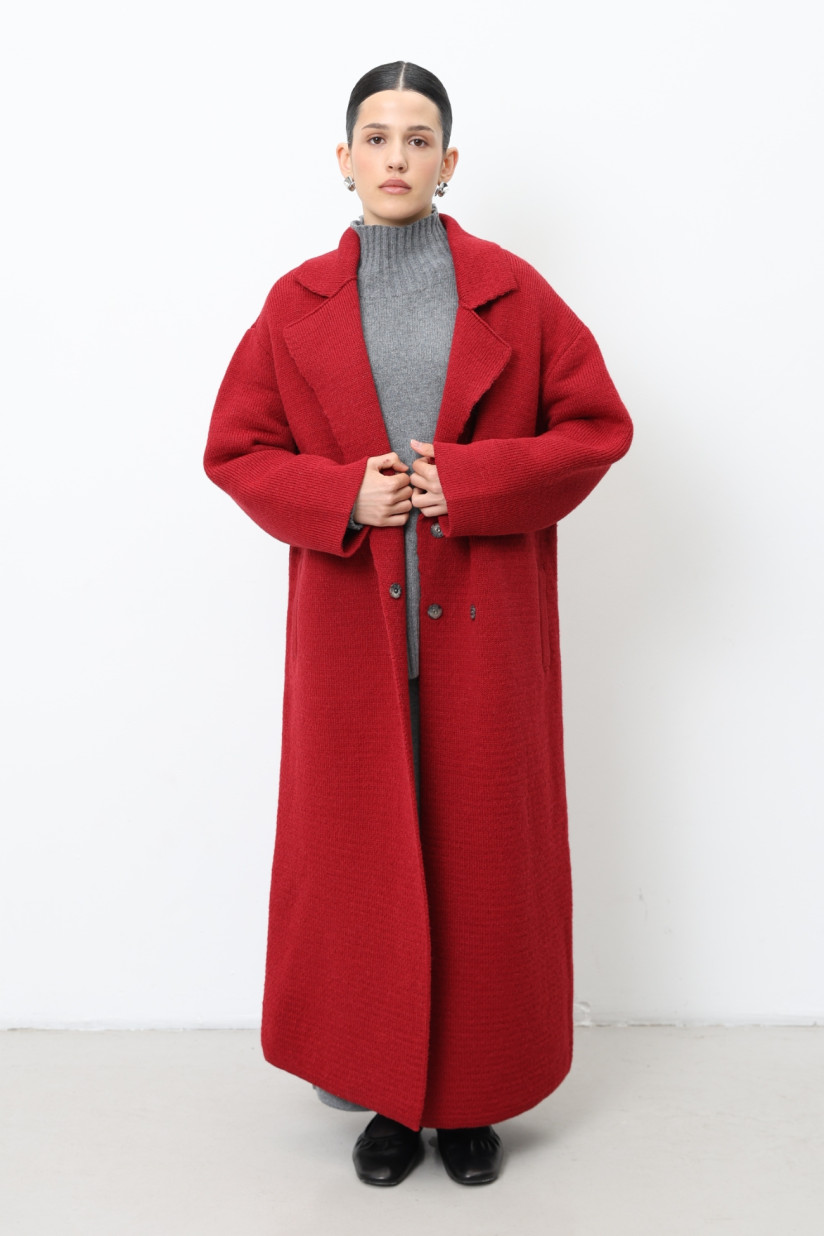 Buy long Red Knitted Double-Breasted Coat 7546-66 color red